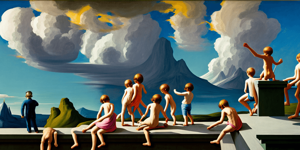 AI generated: neo rauch, edward hopper, david hockney, children playing on rooftop, people looking to horizon, epi...