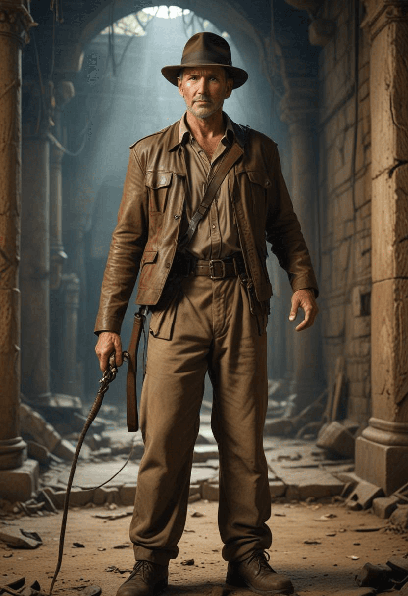 AI generated: full body Young Harrison Ford in indiana jones,in an ancient ruin,holding a whip,  photo, light box,...