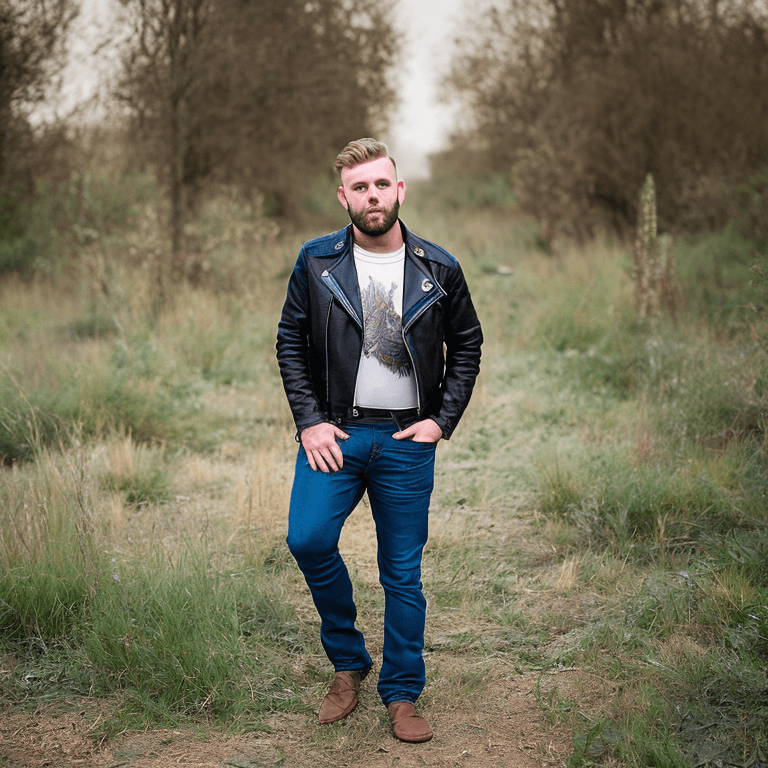 AI generated: A portrait image of a young, man, dressed in a trendy jeans band t-shirt, and leather jacket, gracef...
