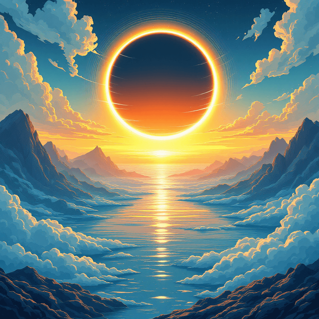 AI generated: Solar eclipse in the mountains landscape ocean cloud, in the style of futuristic cyberpunk, light am...