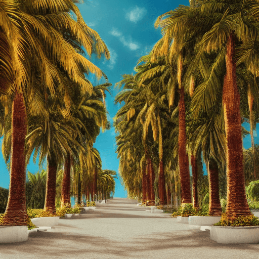 AI generated: high resolution photographic landscape, realistic, palm trees with date stalks, grain with husks, an...