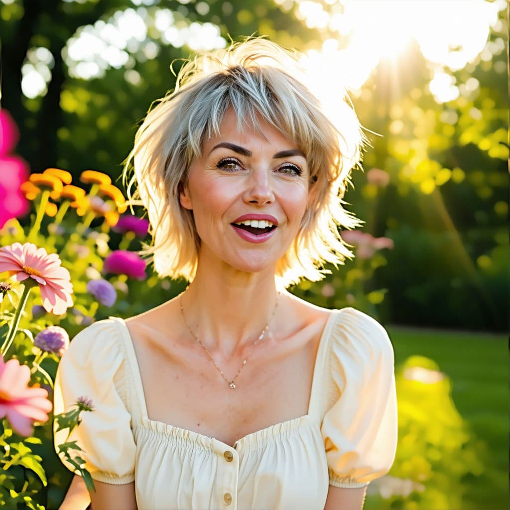 AI generated: a woman sends into camera sweet juicy smack air kiss, light summer dress, sun rays, garden, flowers,...