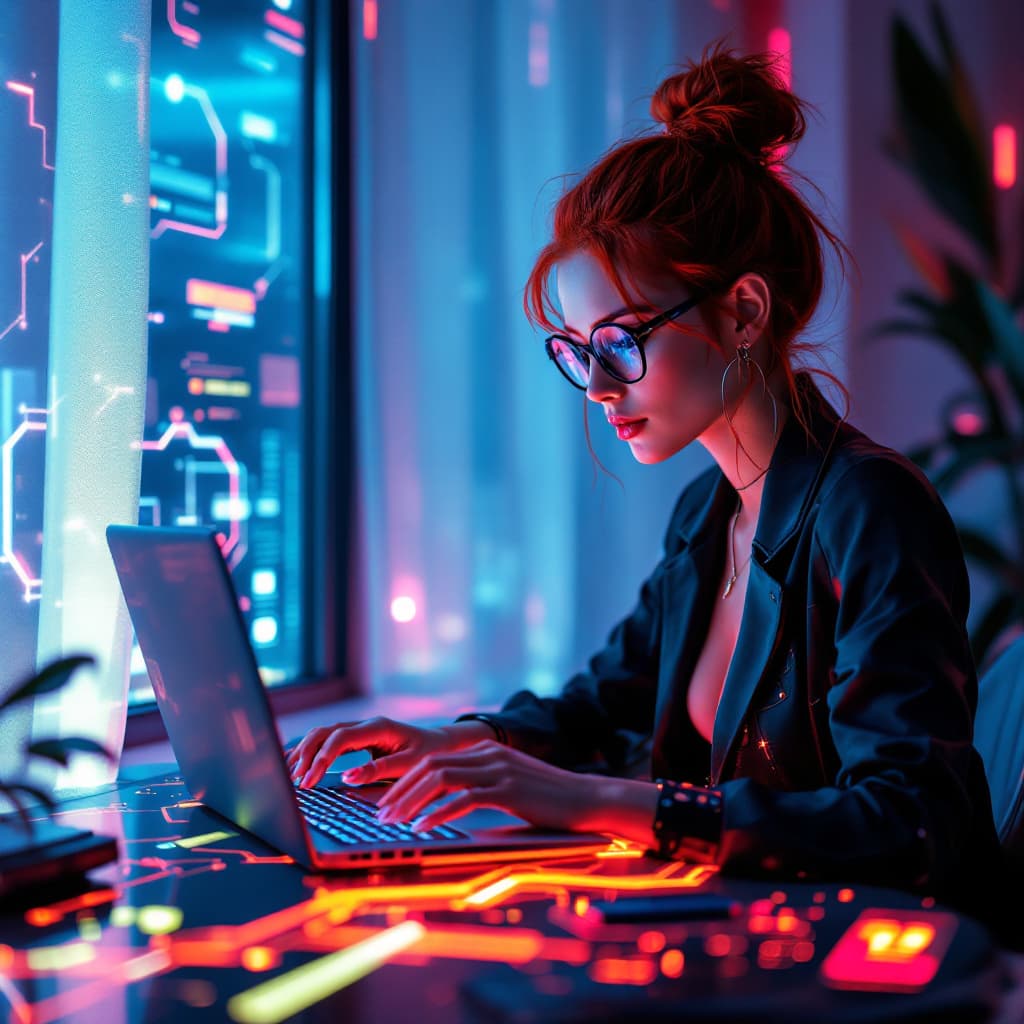 AI generated: A hyper-realistic and stylish digital artwork of a red-haired young woman with a messy bun and round...