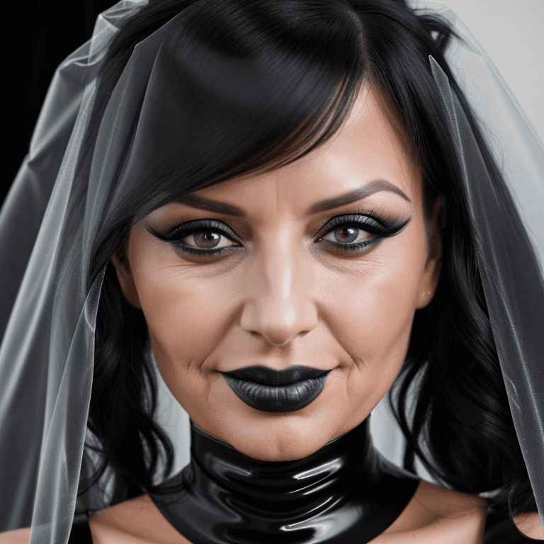 AI generated: hyper realistic headshot photo of a 45 year old woman, wearing a black latex Wedding dress with a bl...