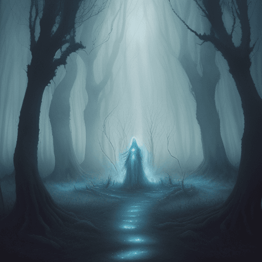 AI generated: necromancer in a cursed forest, summoning ancient spirits, ethereal glow, ghostly apparitions, ashen...