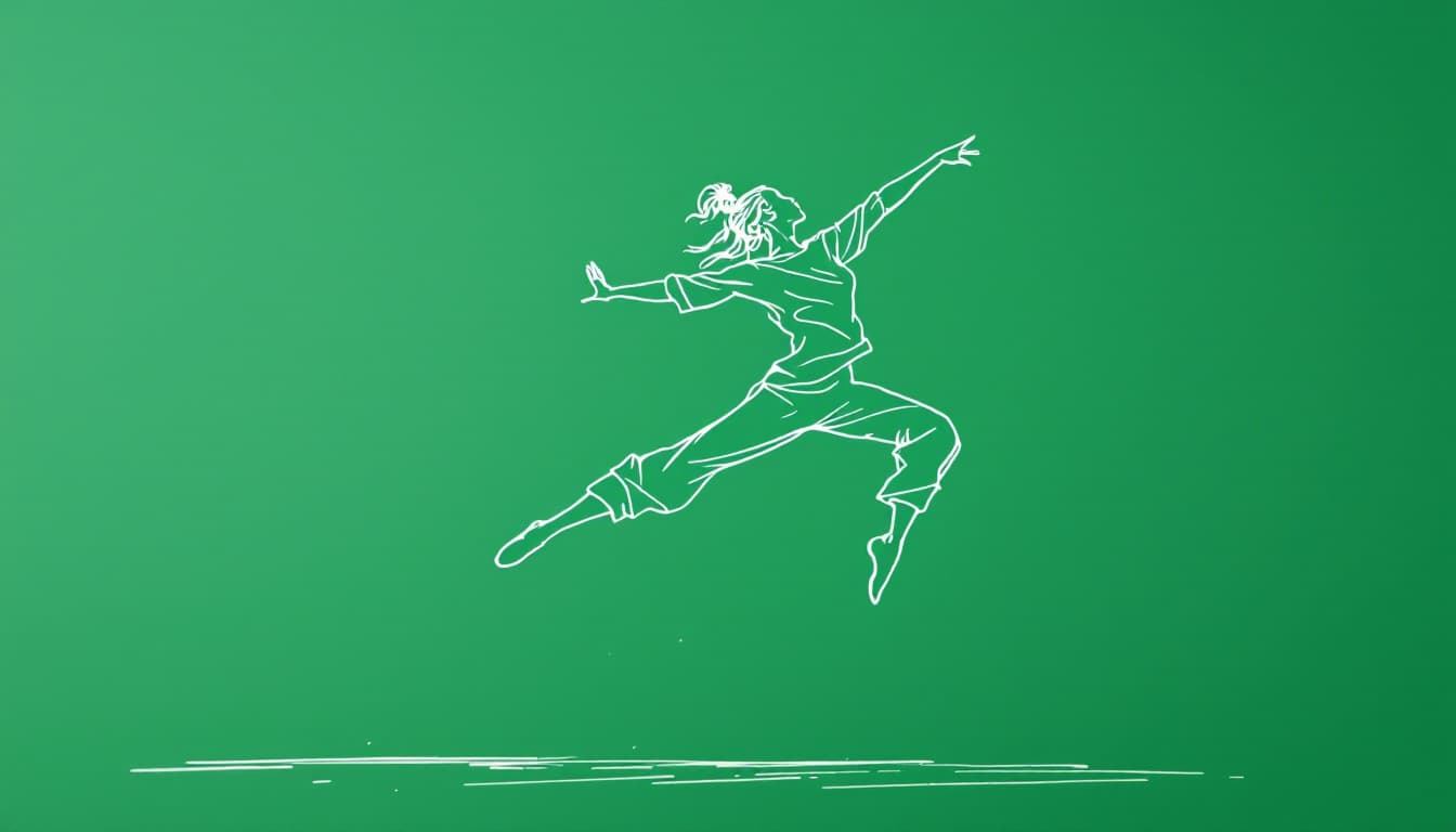 AI generated: Minimalist line art drawing depicting a dancer leaping joyfully, outlined with continuous white line...