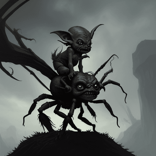 AI generated: Small goblin riding on the back of a giant spider, looking scary and angry ready for war, spear in h...