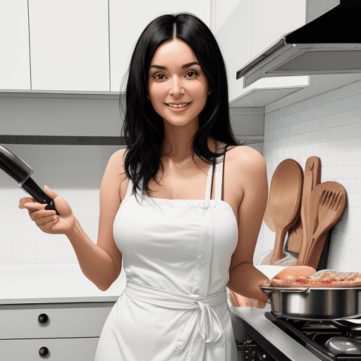 AI generated: "A 30-year-old woman with black hair, standing confidently in a modern kitchen. She is wearing a lig...