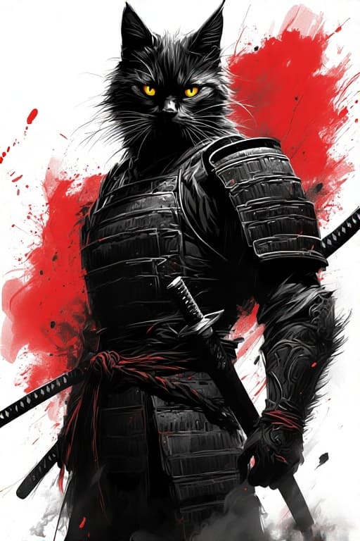 AI generated: samurai-cat, katana on belt, yellow eyes, black and white picture, black and red smudges --v 4