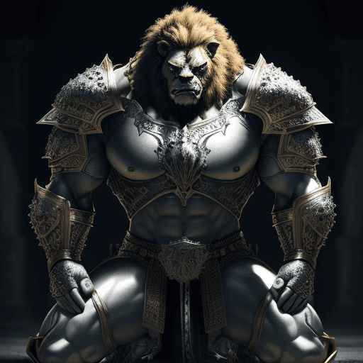AI generated: kneeling Hulk lion knight, portrait, finely detailed armor, intricate design, silver, silk, cinemati...