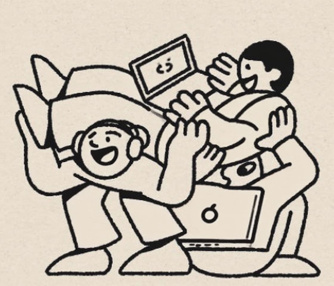 AI generated: freelancers working, hand drawn line style, rough lines, stylized faces