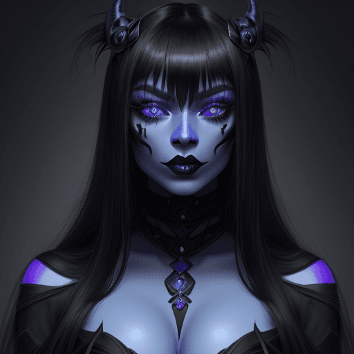 AI generated: A woman with blue skin, black mask, long black hair, purple iris, black eyebrows, bangs, long eyelas...