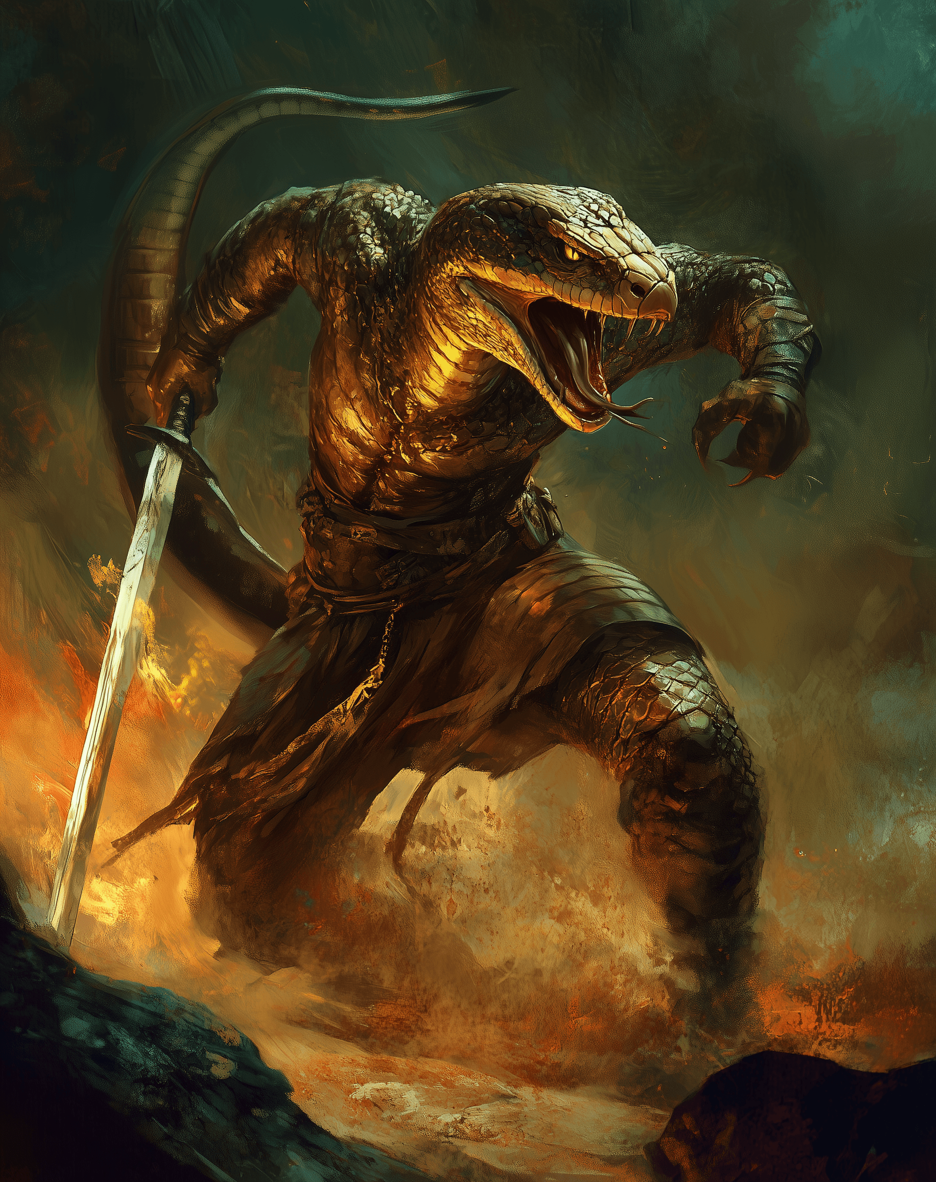 AI generated: A cobra-headed snake man fighting with sword and sorcery magic, in the style of Frank Frazetta, fant...