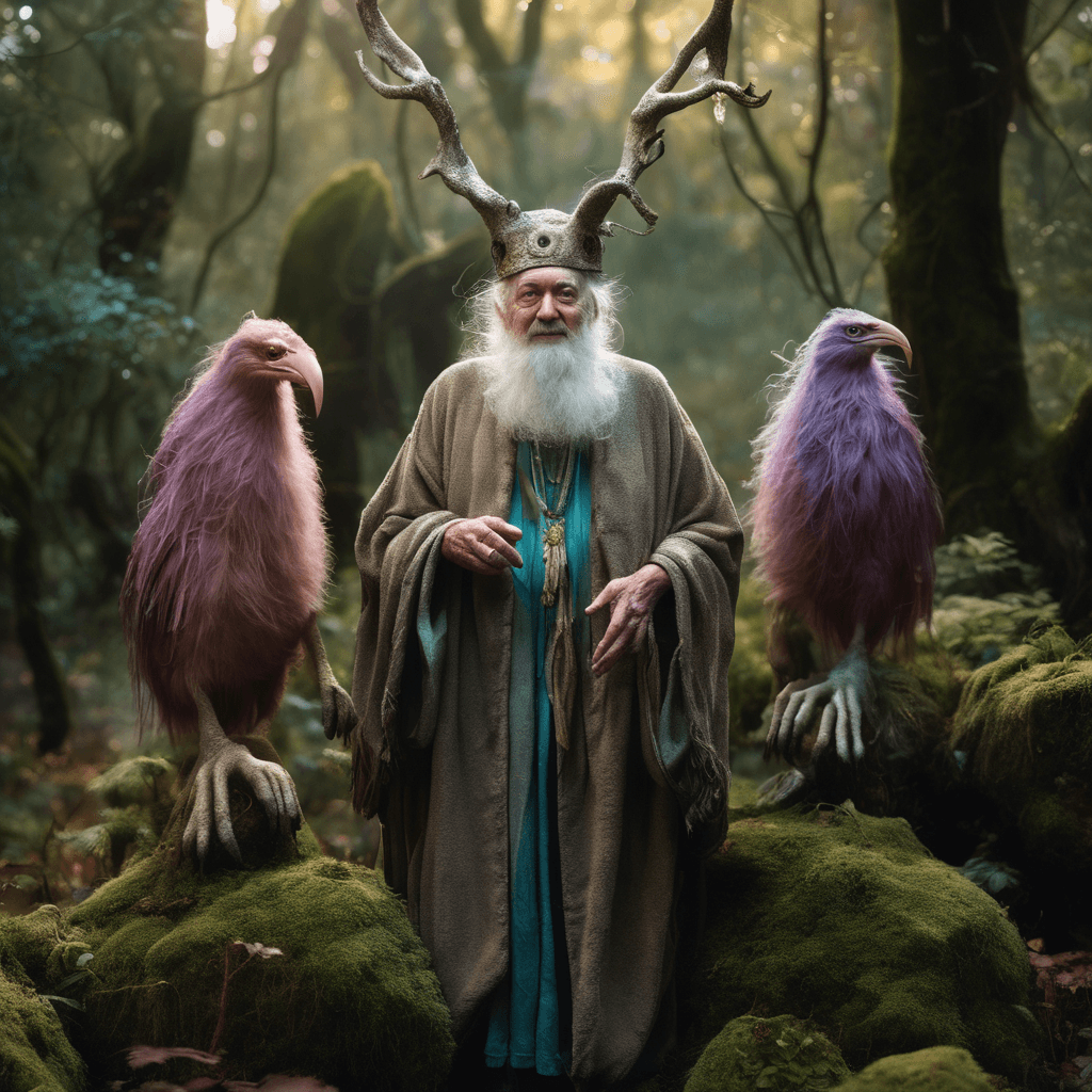 AI generated: An elderly 75-year-old keeper of mythical creatures, dressed in weathered robes and surrounded by ma...