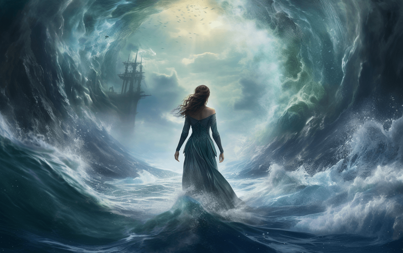 AI generated: A painting of a woman in the ocean, in the style of mythological paintings, epic fantasy scenes