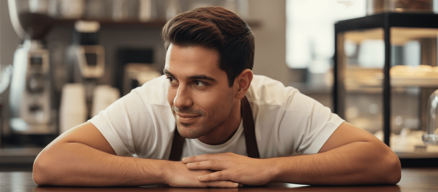 AI generated: At a coffee shop, a Hispanic male barista is on top of the counter, his belly is flat on the counter...