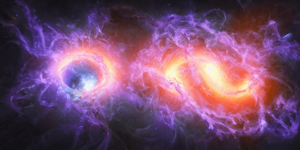 AI generated: raytraced render and digital simulation of two black holes stripping each other, by  kinkade, cosmic...