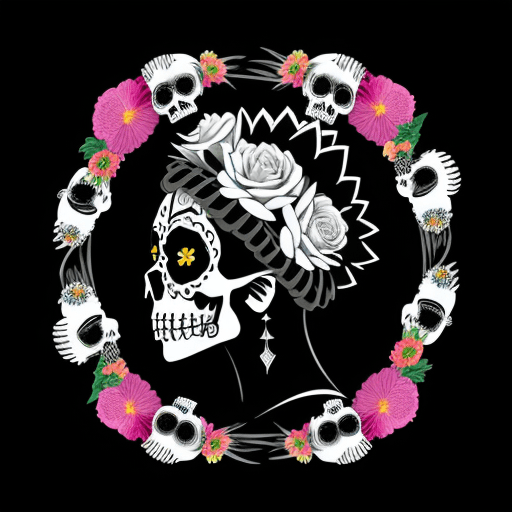 AI generated: mexican skull candy, day of the dead, vector logo, black and white, profile side position, HD detail...