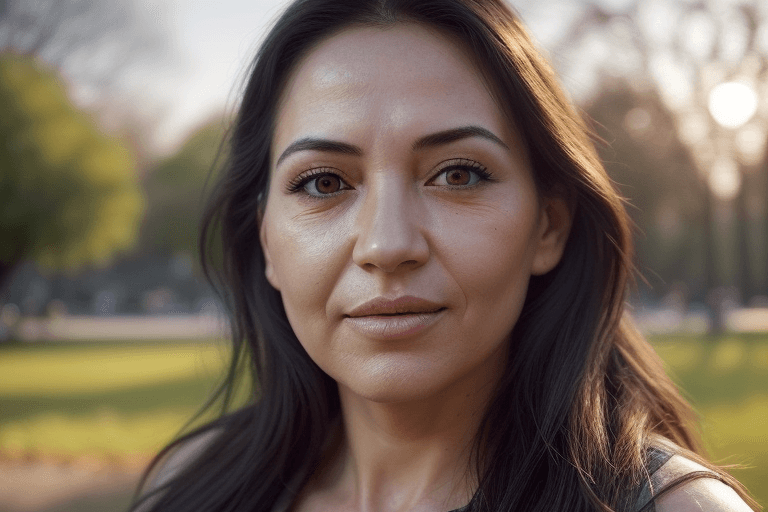 AI generated: "Generate a hyperrealistic detailed portrait in a warm urban park setting during a sunset. Emphasize...