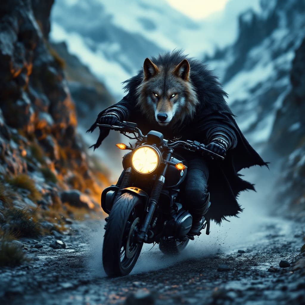 AI generated: n guerrero vikingo con orejas de lobo y ojos azules penetrantes, domina una BMW GS negra mate en una...