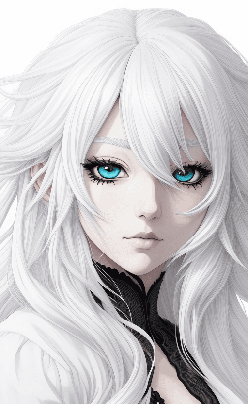 AI generated:  Anime portrait clean line art, black pen line high detail,,wild dynamic white hair, wonderland vibe...