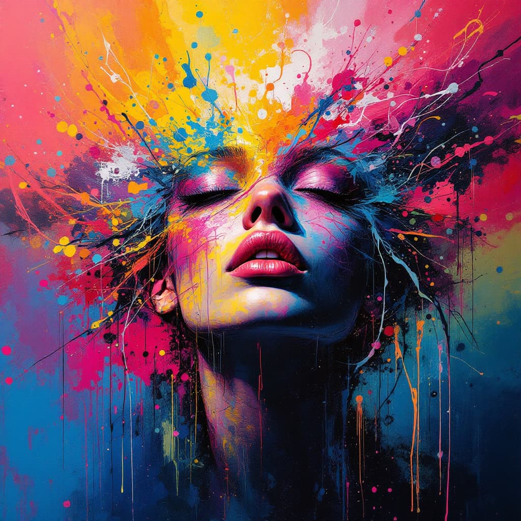 AI generated:  art painting, portrait of ruffy abstract painting THE SMOKE, very colorful, futuristic, paint splat...