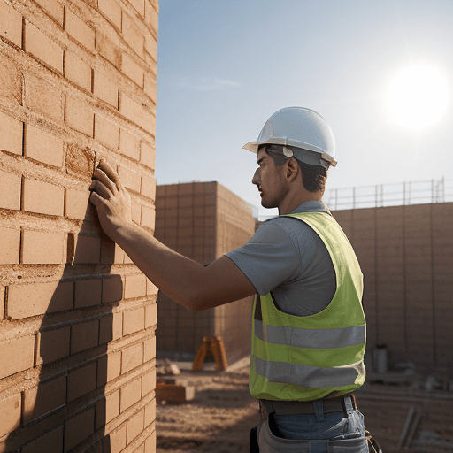 AI generated: Ultra-realistic photograph of a contemporary worker in Spain, building a brick wall on a modern cons...