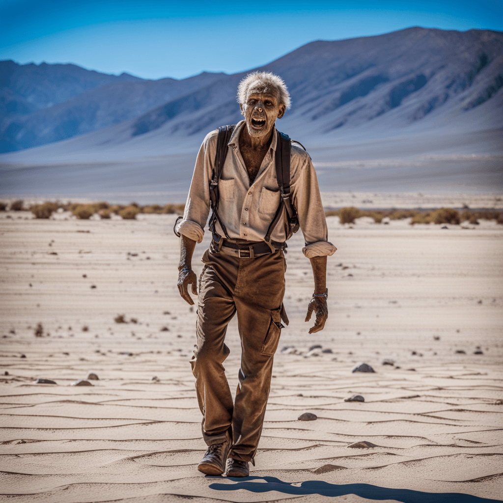 AI generated: professional photography of a zombie wandering on the sands of the Atacama desert in Chile, a little...
