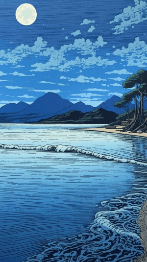 AI generated: Serene tranquil beach in the tranquil blue hour, etching, 3d, gentle lighting, Hokusai, hd, 8k no ar...
