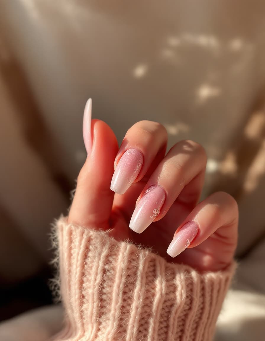 AI generated: A close-up shot of a beautifully manicured hand with long nails featuring a glossy, shimmering pink ...