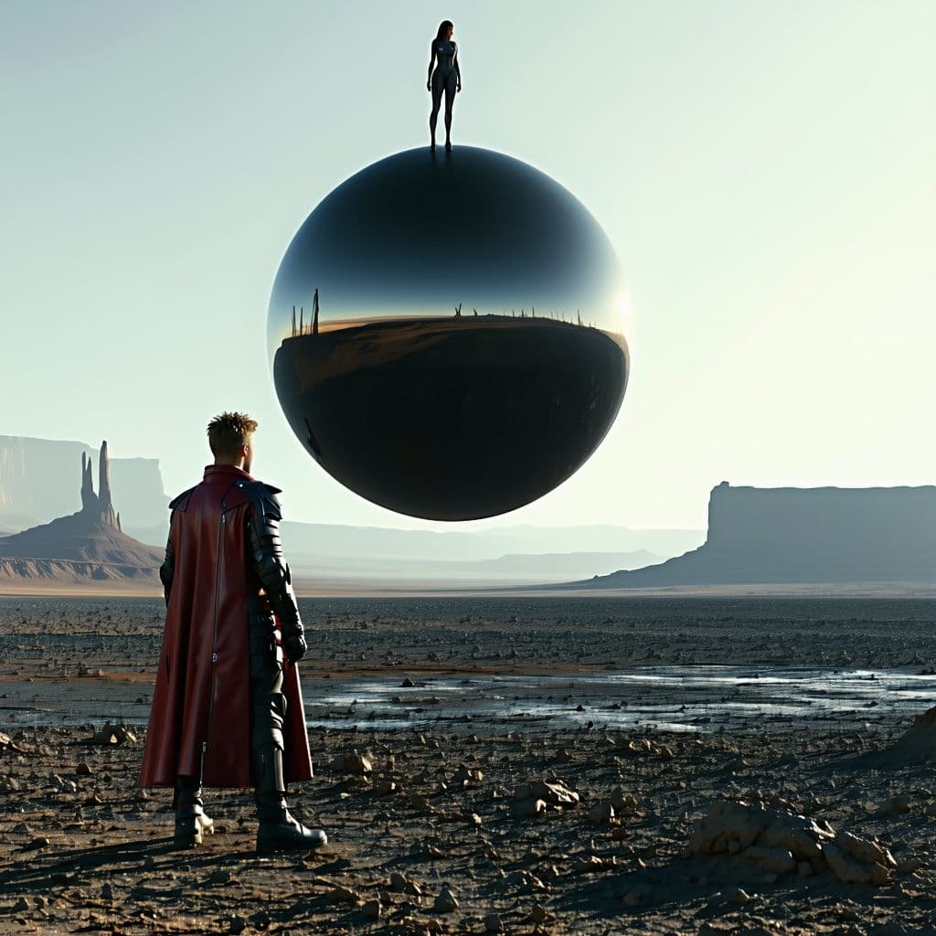AI generated: a large reflective black sphere, massive in size, floats above a barron, desert landscape, on top of...