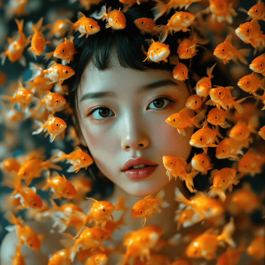 AI generated: a girl's face in the middle of many gold fish face, in the style of chinapunk, iconic album covers, ...