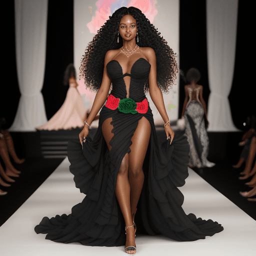 AI generated: Hyper-realistic image of a Caribbean African American woman walking down a fashion show runway. She ...