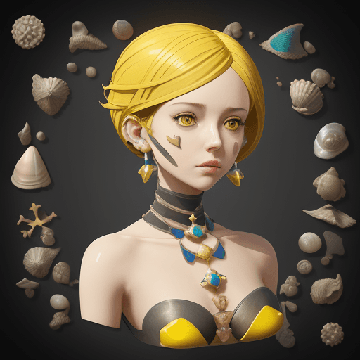 AI generated: the anatomy of a woman's head made of florescent yellow domino pieces and smashed sea shells, octopa...