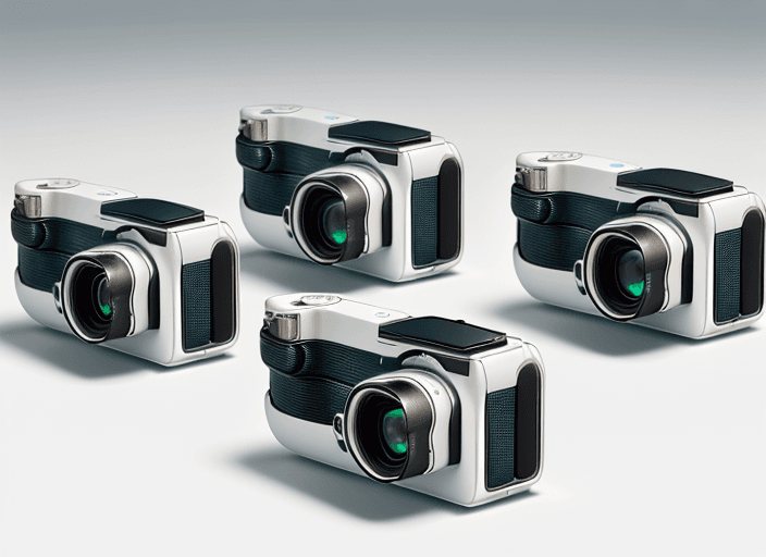AI generated: Three slim pocket cameras, on a glossy white surface, birds eye view, hyper realistic, highly detail...