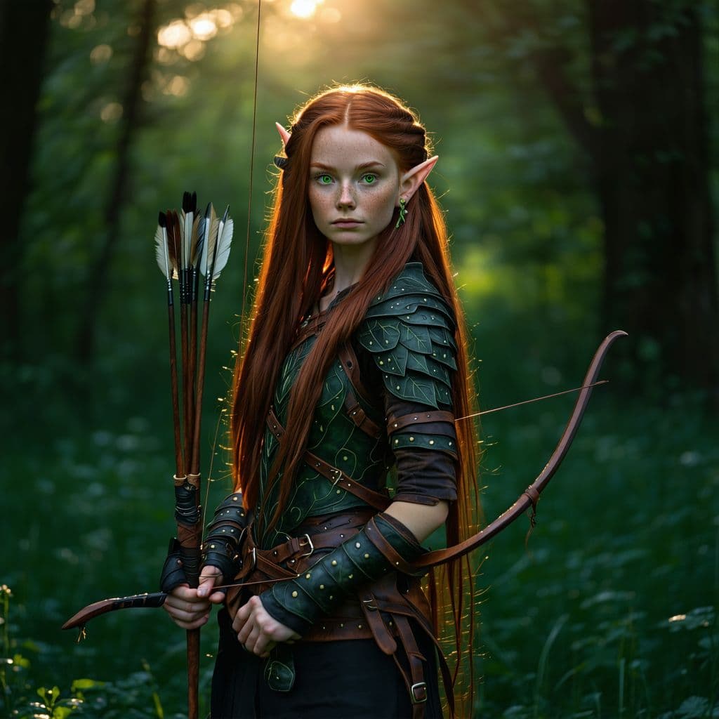 AI generated: A youthful elf woman stands ready, her long limbs and free-flowing burgundy hair create a striking c...