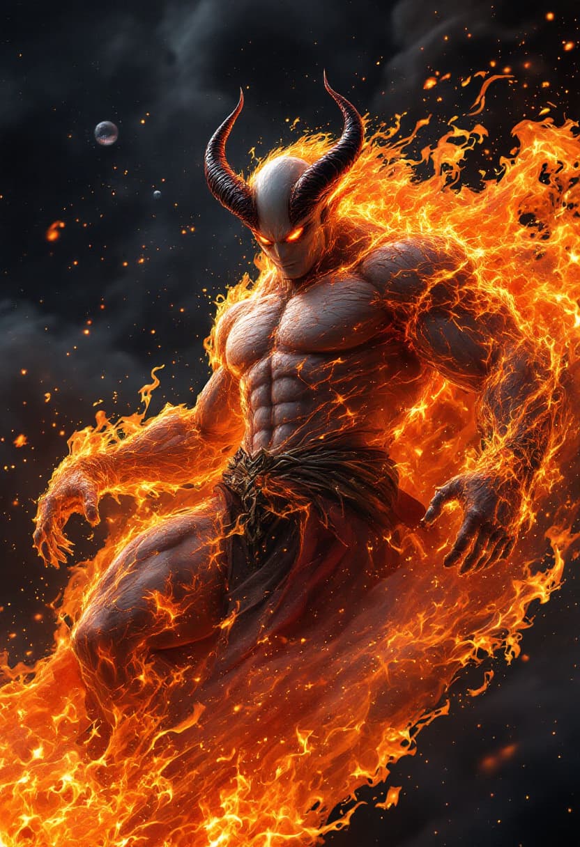 AI generated: God of Fire full-body, Etherial, muscular, Glowing red eyes, epic, cinematic, 8k, hyper detailed, ul...