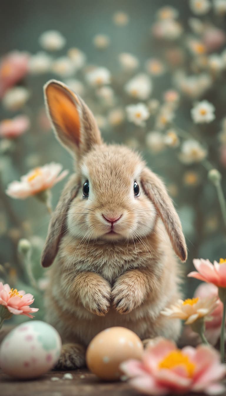 AI generated: vintage, artistic, pastel tones, bunny, easter, spring, flowers, popular on Artstation, sharp lens, ...