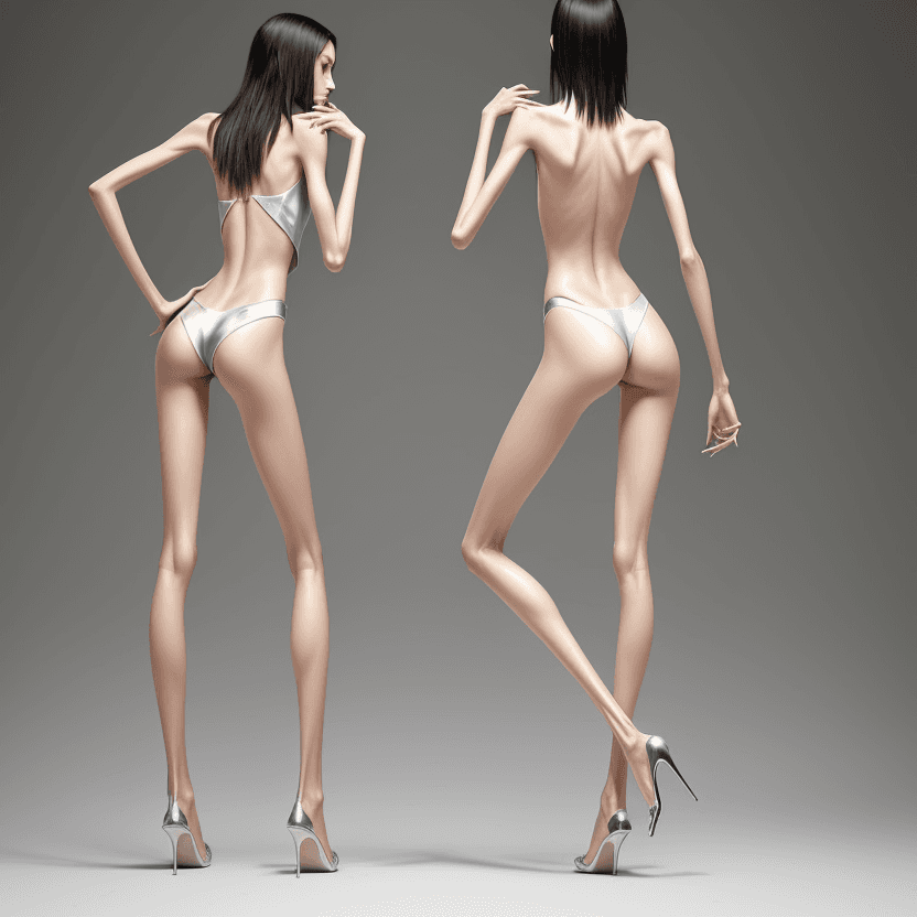 AI generated: photo of two an extremely skinny, flat-chested models with extreme long and skinny legs with extreme...