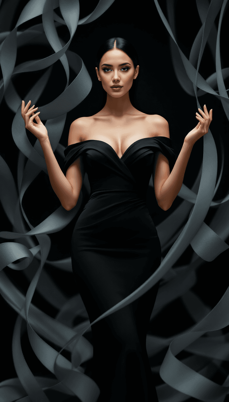 AI generated: The image features a woman standing confidently with both hands lightly touching the swirling, ribbo...
