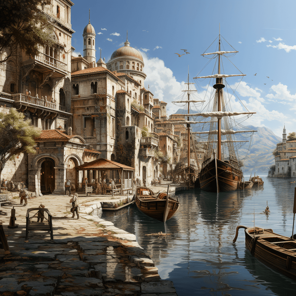 AI generated: Medieval Venetian scenery, cargo ships full of goods and exotic treasures, Cicero in the middle of a...