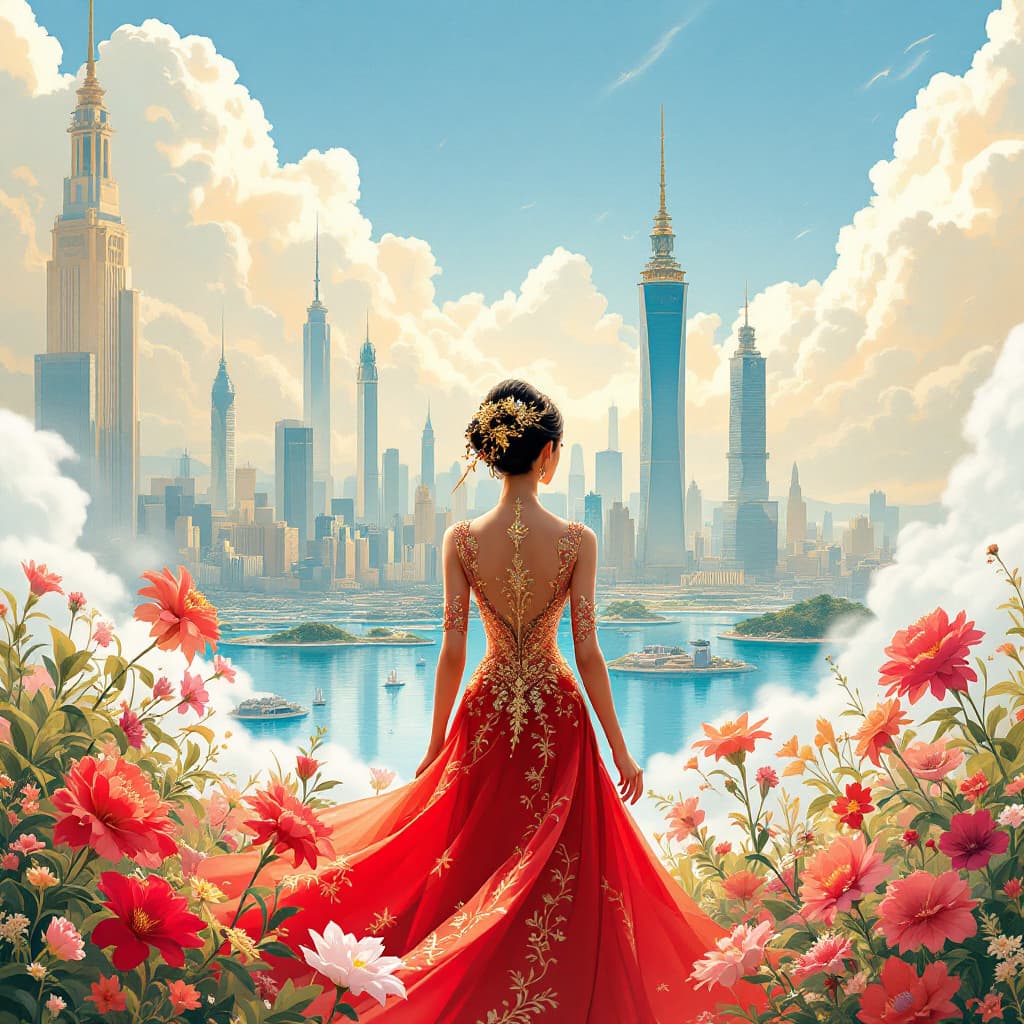 AI generated: Illustration of a beautiful city with tall skyscrapers, islands, bright colors, sunlight. Golden, wo...