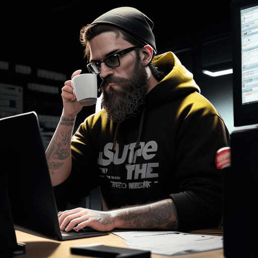 AI generated: hacker, darkroom, coder, computer, man, medium beard, cool, grunge, (typing), ultra detailed detaile...