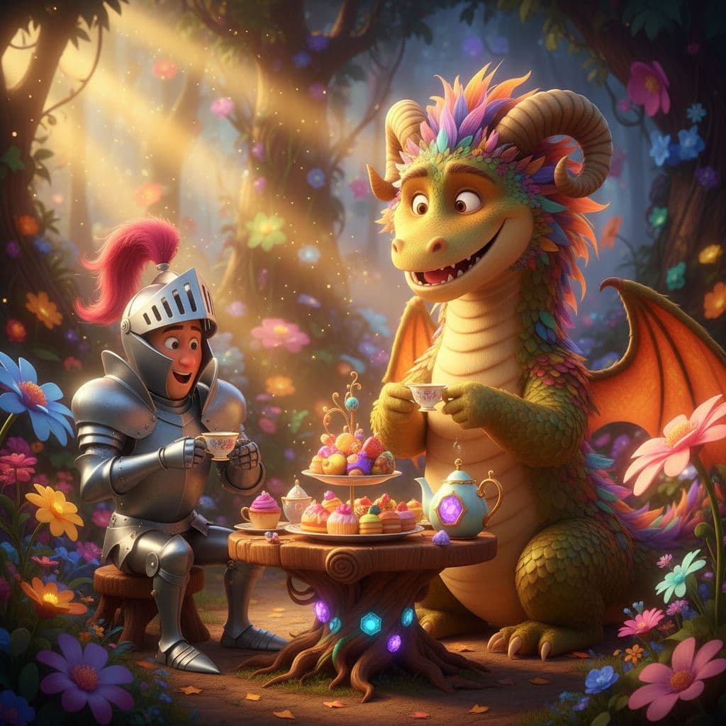 AI generated: a fantastical concept of a knight in shining armor sharing a tea party with a whimsical dragon, Pixa...