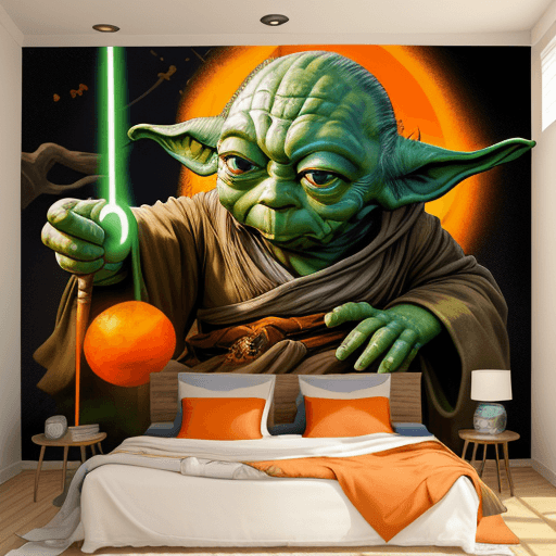 AI generated: a mural with Master Yoda , high quality photo, tondo, orange and amber, fairycore --ar 35:43 --s 750