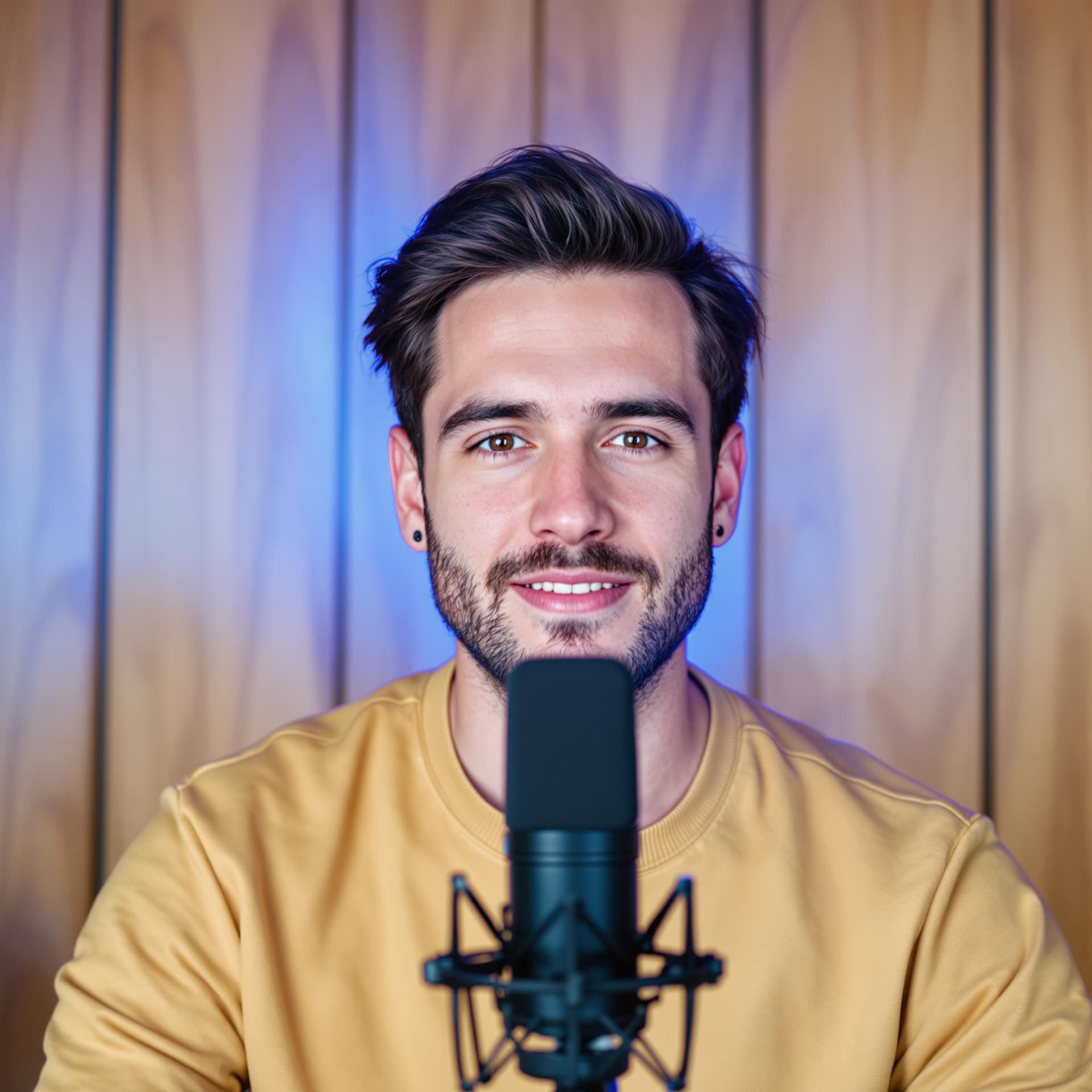 AI generated: A young dutch professional and content creator making a webcam recording in the office with a wooden...