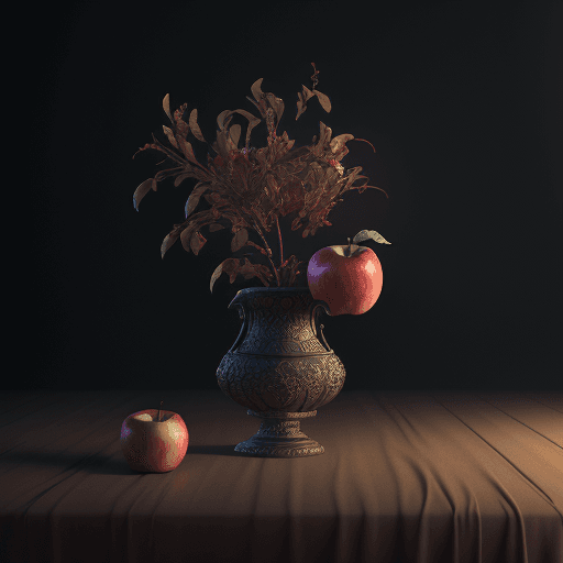 AI generated: 3D render conceptual stilllife with texto disrupt with chromatic apples flying around the camera, sh...