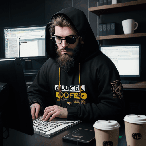 AI generated: hacker, darkroom, coder, computer, man, medium beard, cool, grunge, (typing), ultra detailed and det...