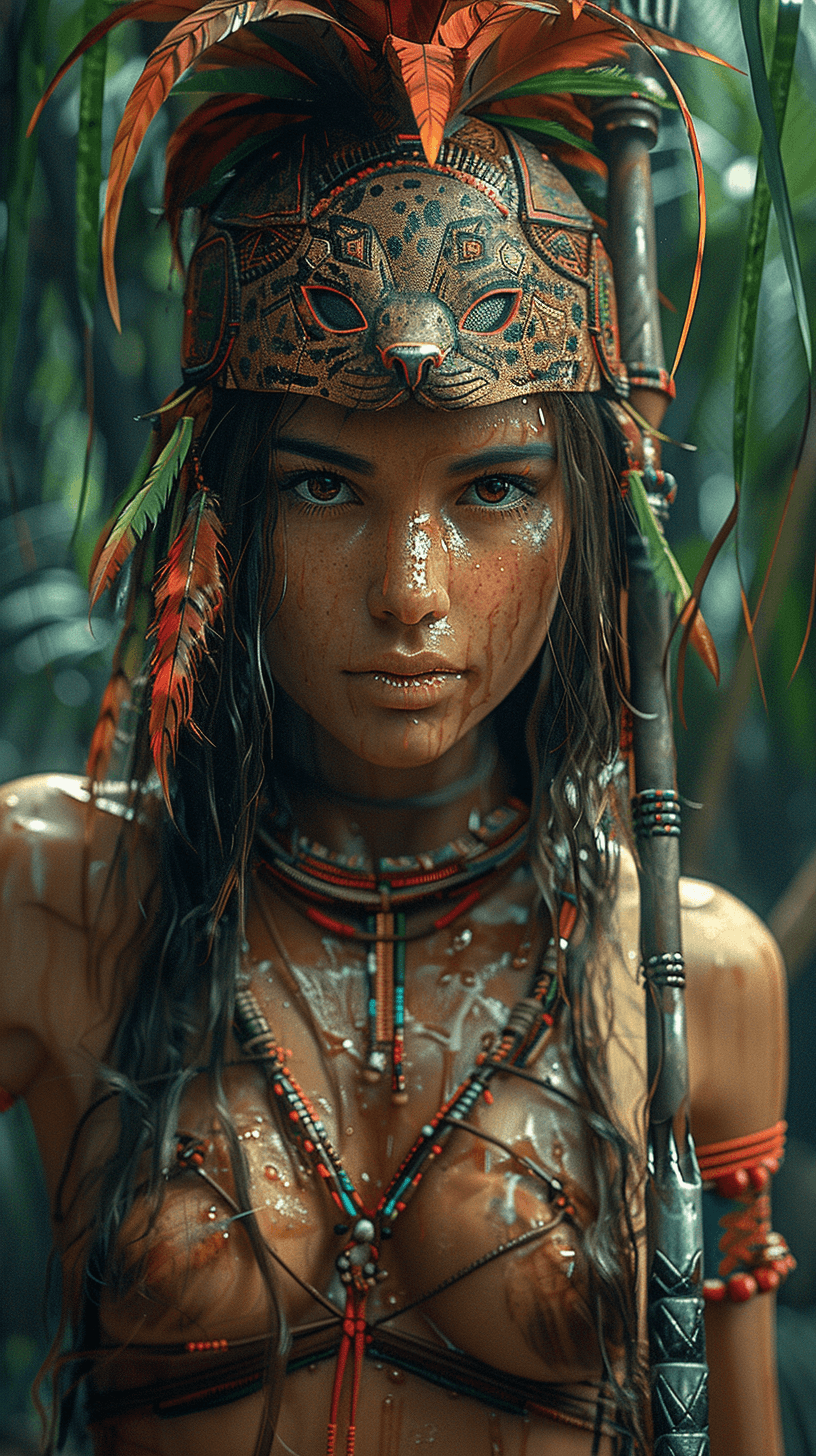 AI generated: Indigenous woman warrior, holding an alien bow and arrow, helmet with macaw feathers, chest armor, d...