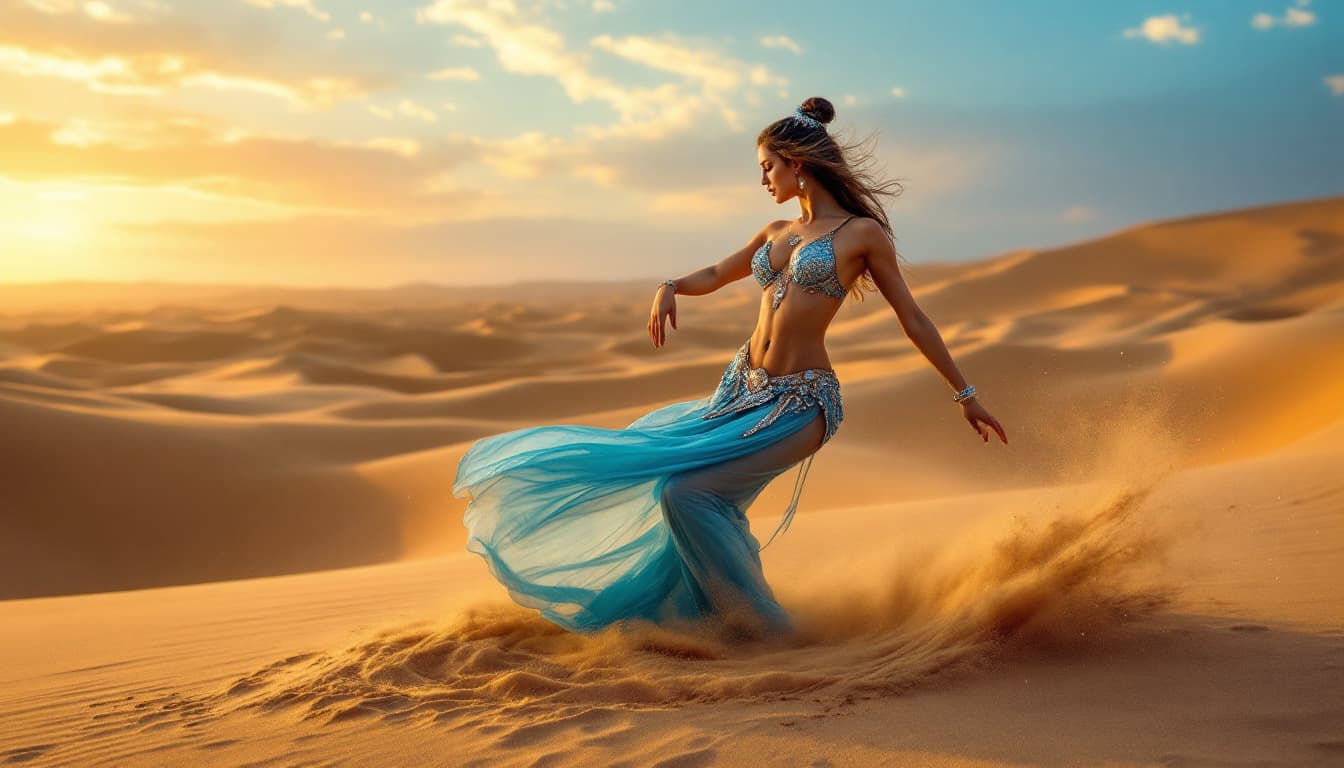 AI generated: "A belly dancer girl performing in the Thar Desert at twilight, surrounded by golden sand dunes and ...